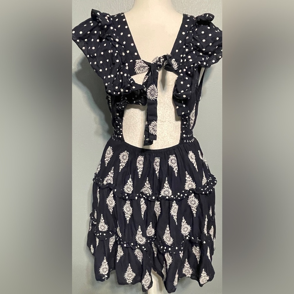 Talisman Kiki Navy Blue Ruffle Tiered Mini Dress Open Back Boho Resort XS - Picture 7 of 11